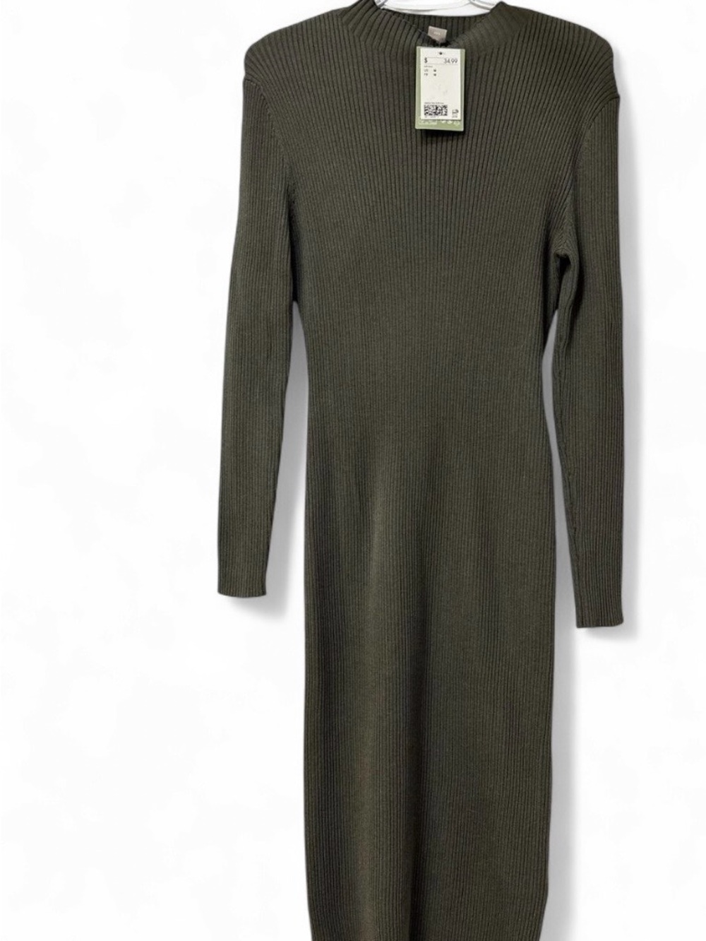 H&M Olive Green Ribbed Long Sleeve Midi Dress